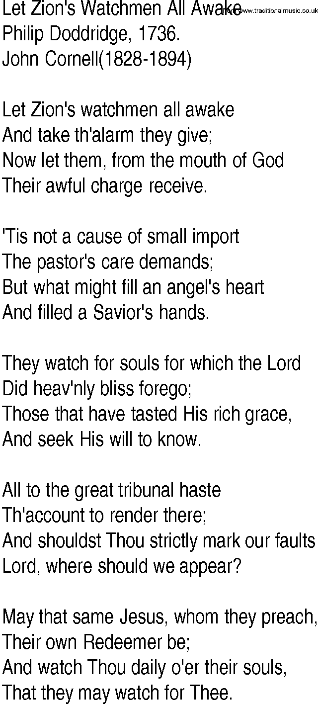 Hymn and Gospel Song: Let Zion's Watchmen All Awake by Philip Doddridge lyrics