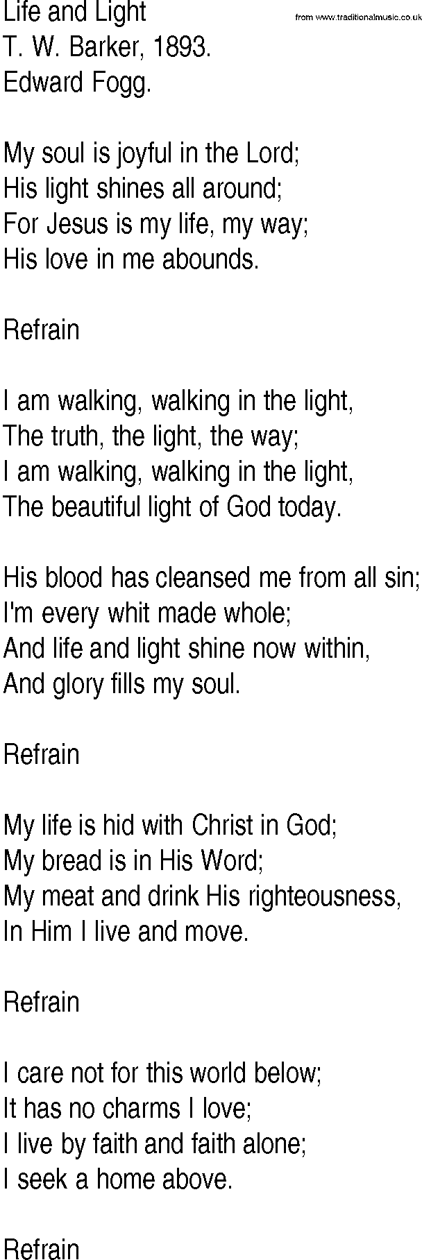 Hymn and Gospel Song: Life and Light by T W Barker lyrics