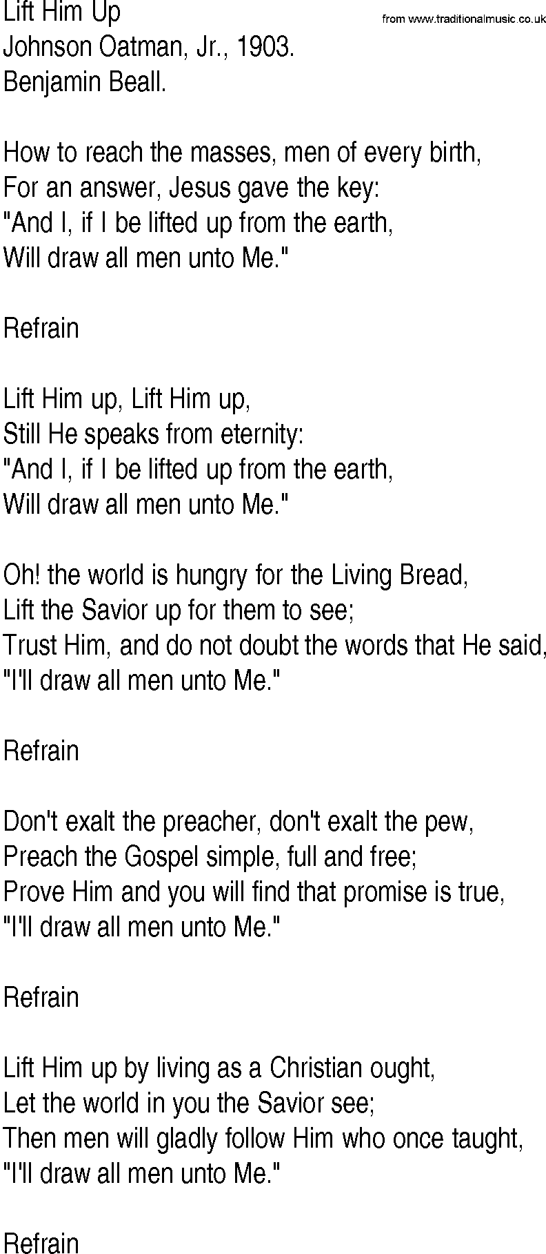Hymn and Gospel Song: Lift Him Up by Johnson Oatman Jr lyrics