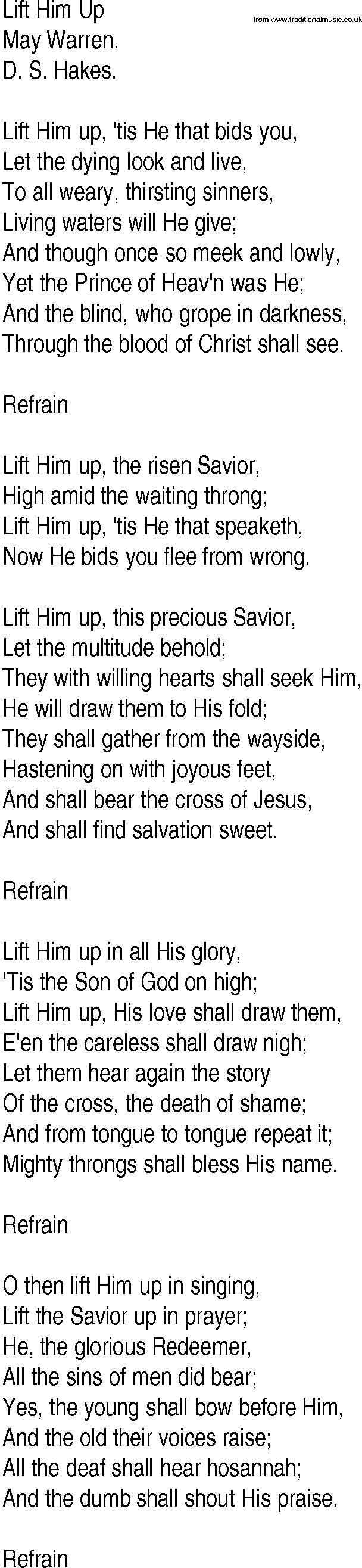 Hymn and Gospel Song: Lift Him Up by May Warren lyrics