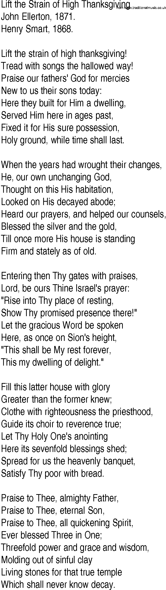 Hymn and Gospel Song: Lift the Strain of High Thanksgiving by John Ellerton lyrics