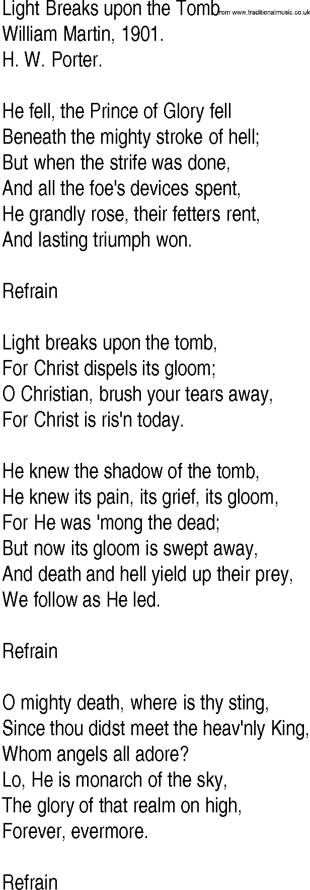 Hymn and Gospel Song: Light Breaks upon the Tomb by William Martin lyrics
