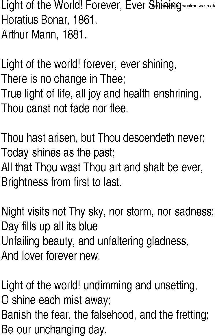 Hymn and Gospel Song: Light of the World! Forever, Ever Shining by Horatius Bonar lyrics
