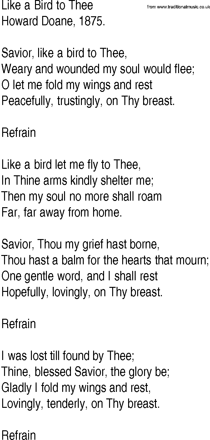 Hymn and Gospel Song: Like a Bird to Thee by Howard Doane lyrics