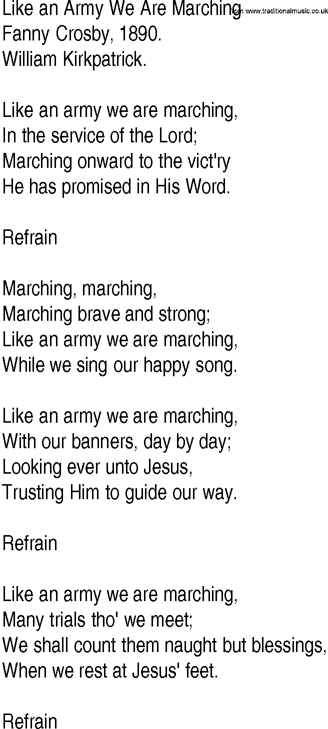 Hymn and Gospel Song: Like an Army We Are Marching by Fanny Crosby lyrics
