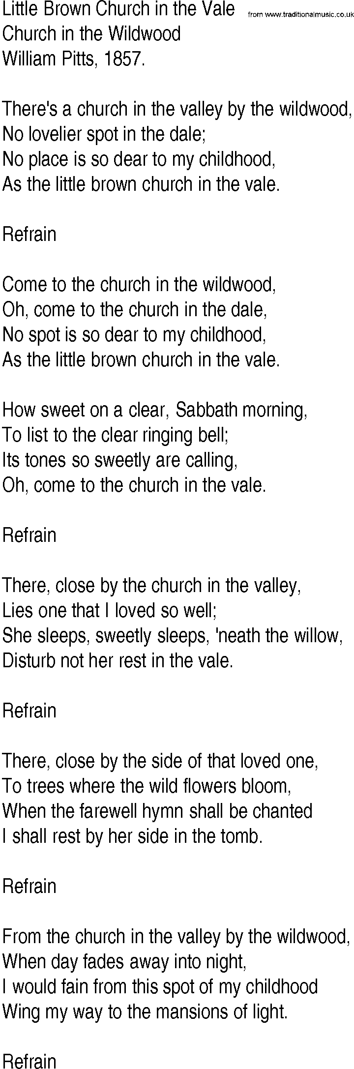 Hymn and Gospel Song: Little Brown Church in the Vale by William Pitts lyrics