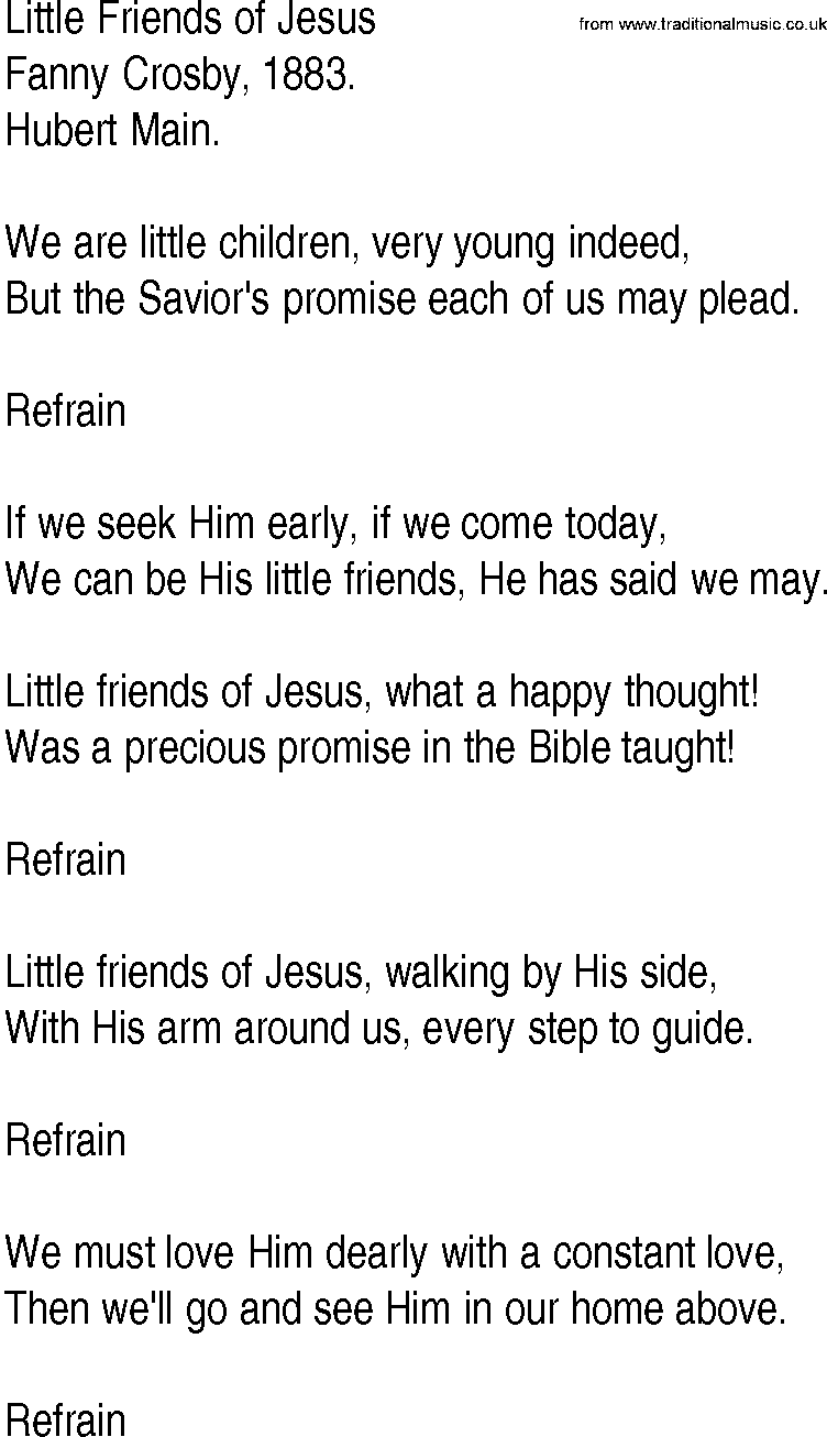 Hymn and Gospel Song: Little Friends of Jesus by Fanny Crosby lyrics
