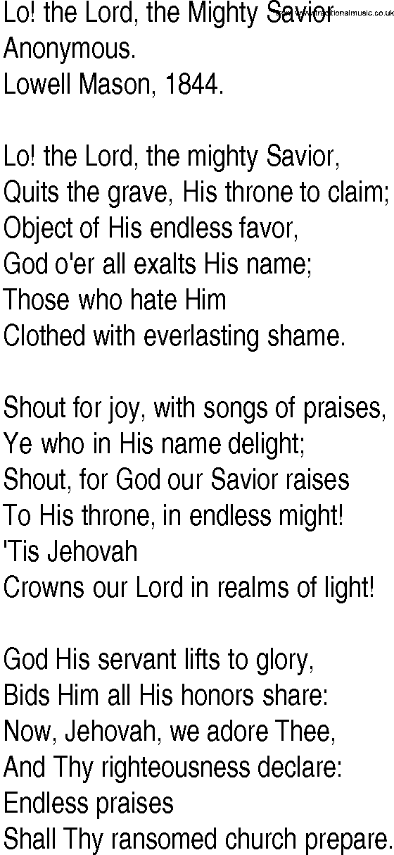 Hymn and Gospel Song: Lo! the Lord, the Mighty Savior by Anonymous lyrics