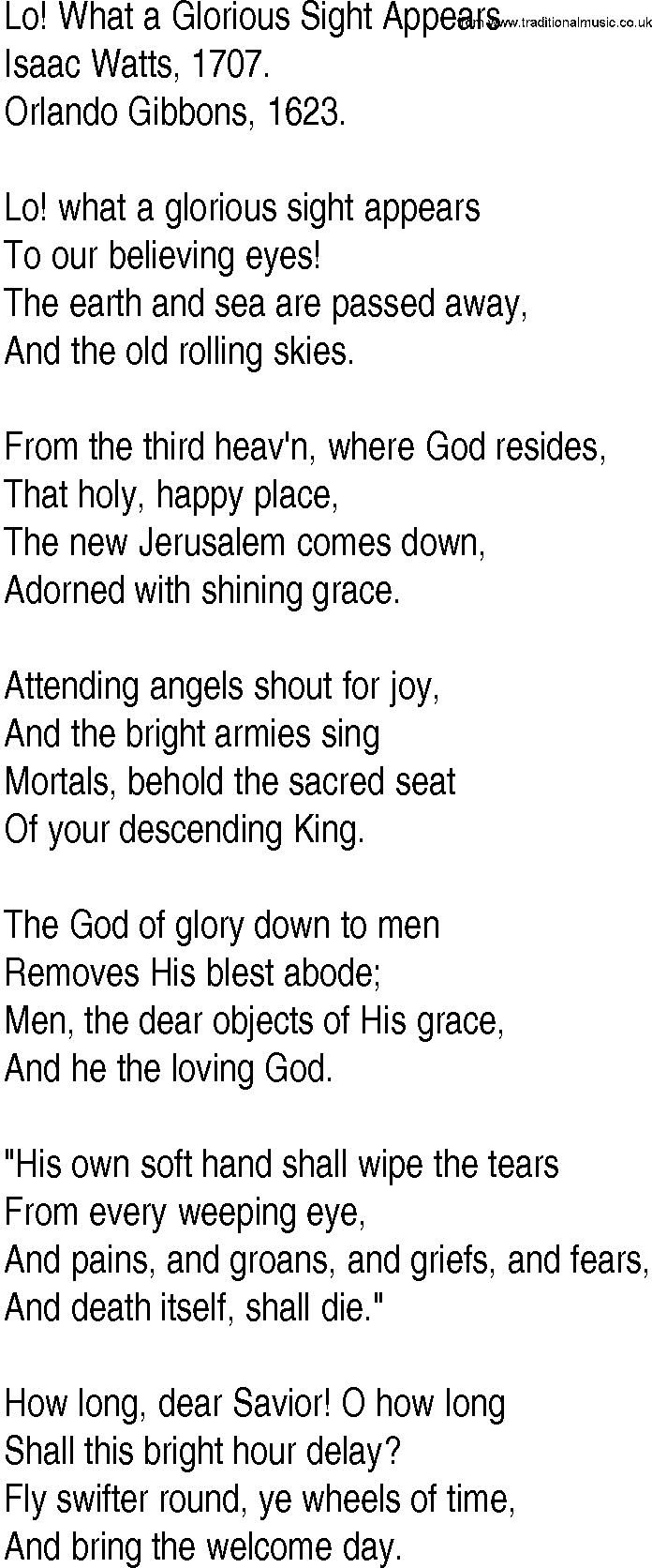 Hymn and Gospel Song: Lo! What a Glorious Sight Appears by Isaac Watts lyrics