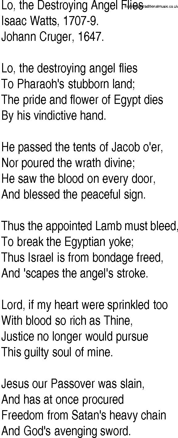 Hymn and Gospel Song: Lo, the Destroying Angel Flies by Isaac Watts lyrics