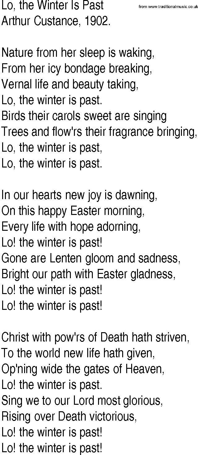 Hymn and Gospel Song: Lo, the Winter Is Past by Arthur Custance lyrics