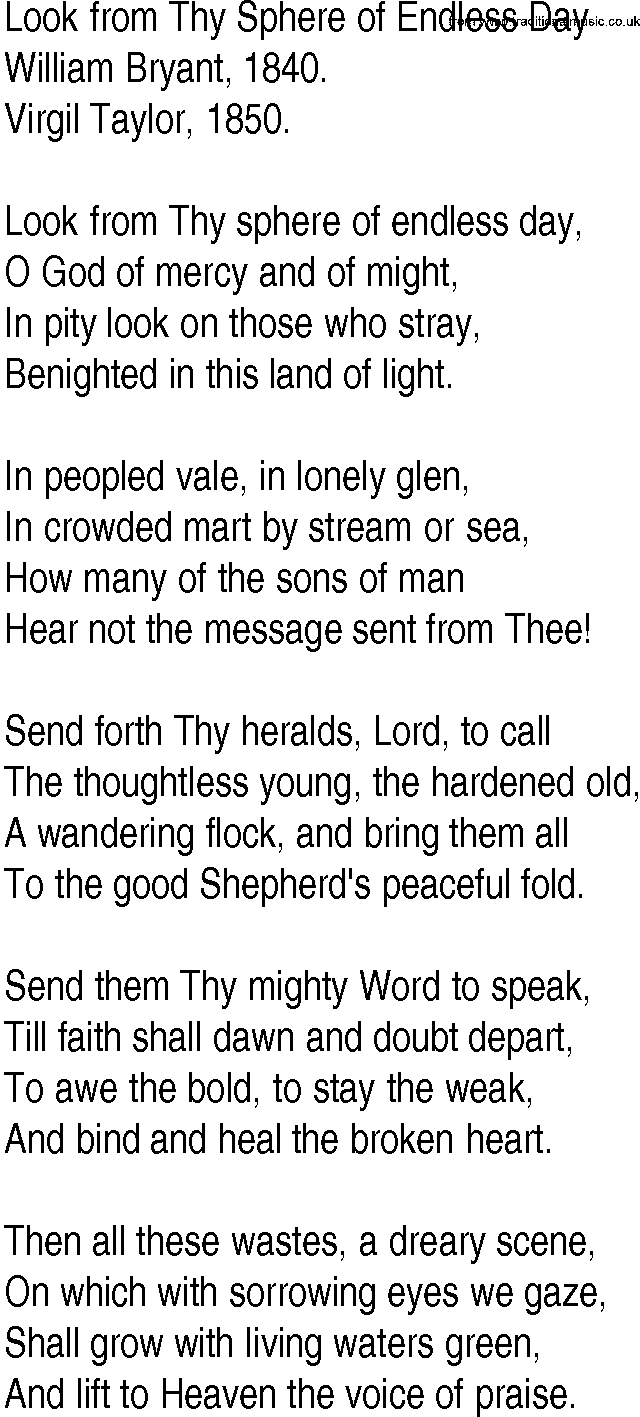 Hymn and Gospel Song: Look from Thy Sphere of Endless Day by William Bryant lyrics