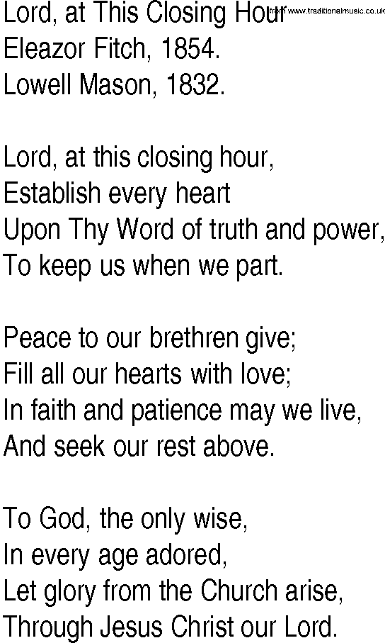 Hymn and Gospel Song: Lord, at This Closing Hour by Eleazor Fitch lyrics