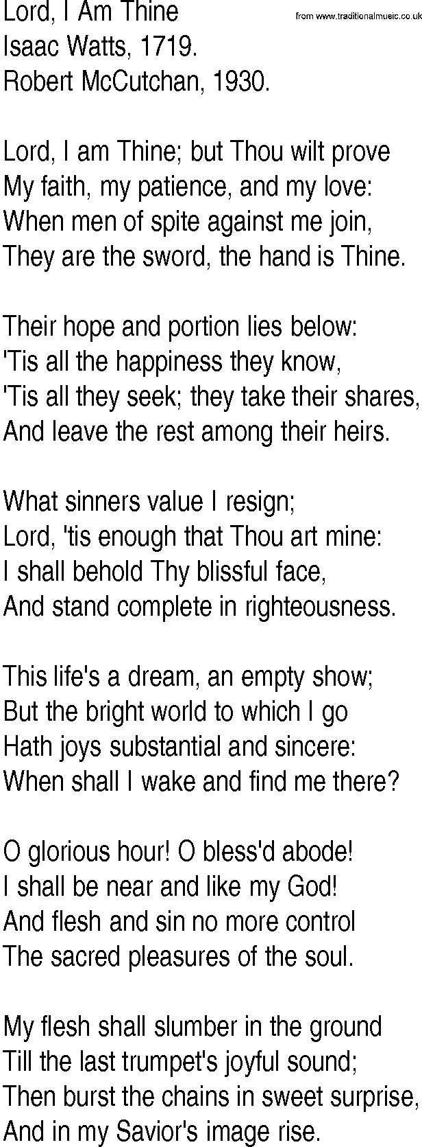 Hymn and Gospel Song: Lord, I Am Thine by Isaac Watts lyrics