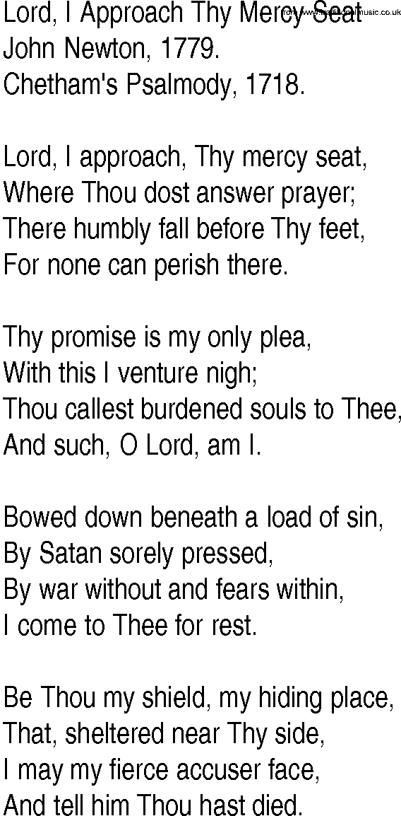 Hymn and Gospel Song: Lord, I Approach Thy Mercy Seat by John Newton lyrics