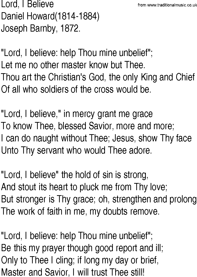 Hymn and Gospel Song: Lord, I Believe by Daniel Howard lyrics