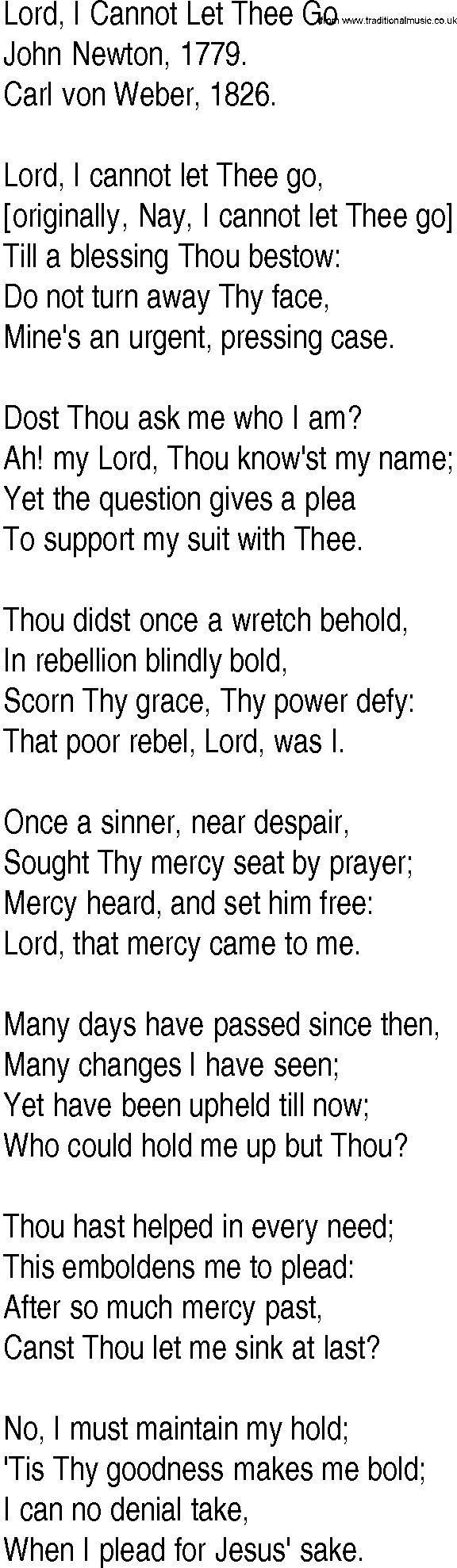Hymn and Gospel Song: Lord, I Cannot Let Thee Go by John Newton lyrics