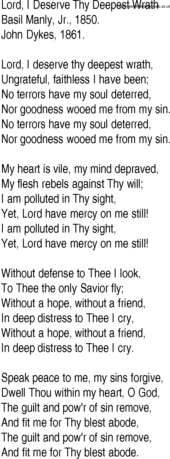 Hymn and Gospel Song: Lord, I Deserve Thy Deepest Wrath by Basil Manly Jr lyrics