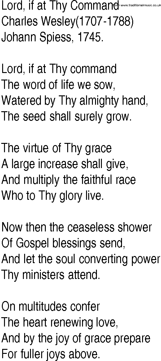 Hymn and Gospel Song: Lord, if at Thy Command by Charles Wesley lyrics