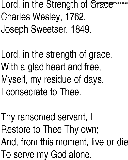Hymn and Gospel Song: Lord, in the Strength of Grace by Charles Wesley lyrics