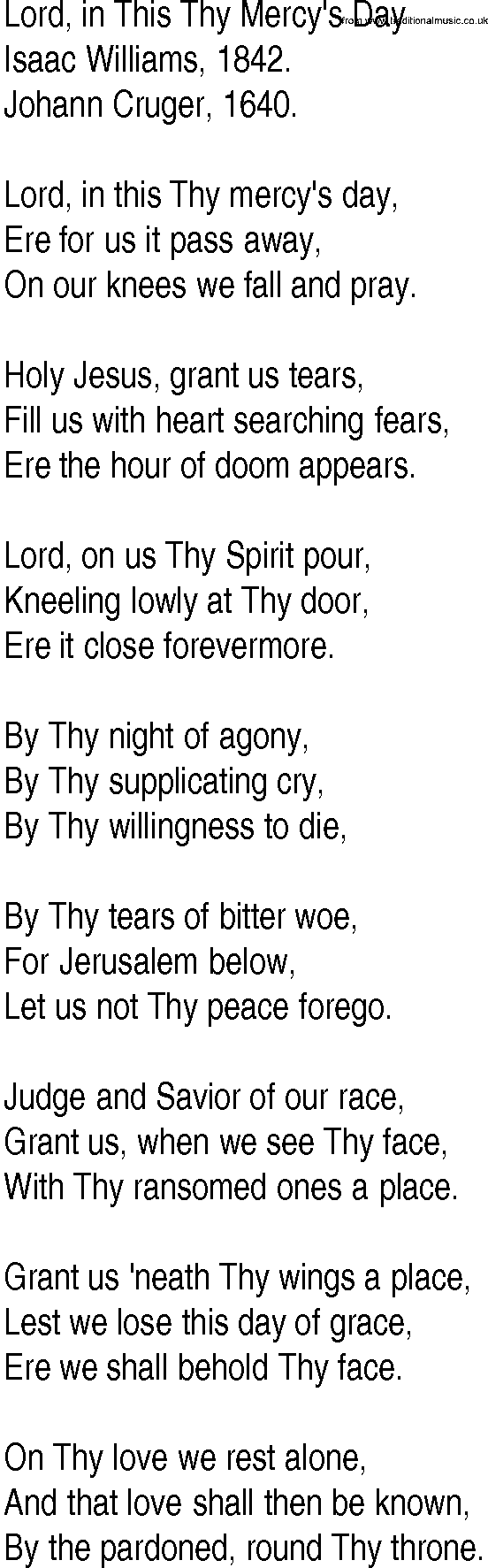 Hymn and Gospel Song: Lord, in This Thy Mercy's Day by Isaac Williams lyrics