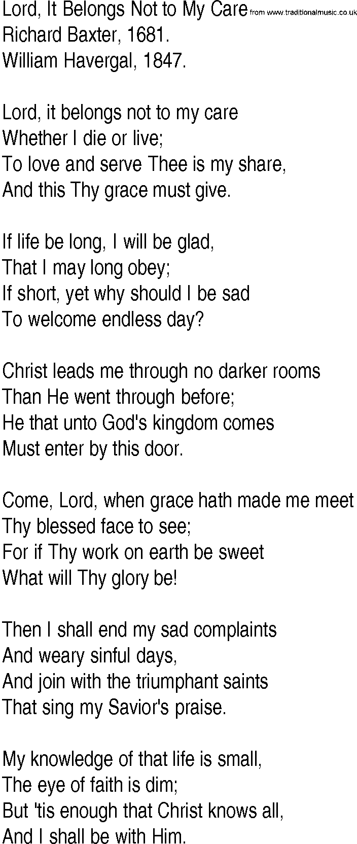Hymn and Gospel Song: Lord, It Belongs Not to My Care by Richard Baxter lyrics