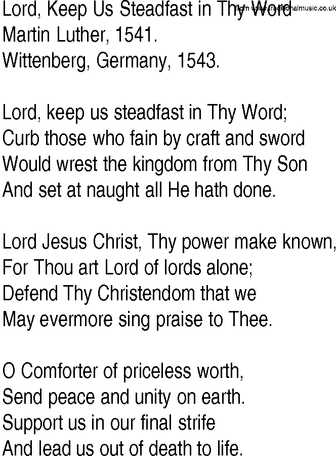Hymn and Gospel Song: Lord, Keep Us Steadfast in Thy Word by Martin Luther lyrics