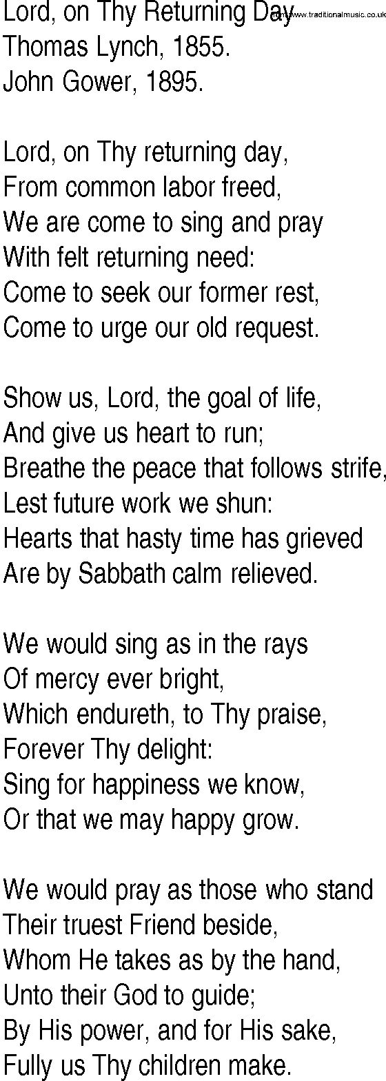 Hymn and Gospel Song: Lord, on Thy Returning Day by Thomas Lynch lyrics