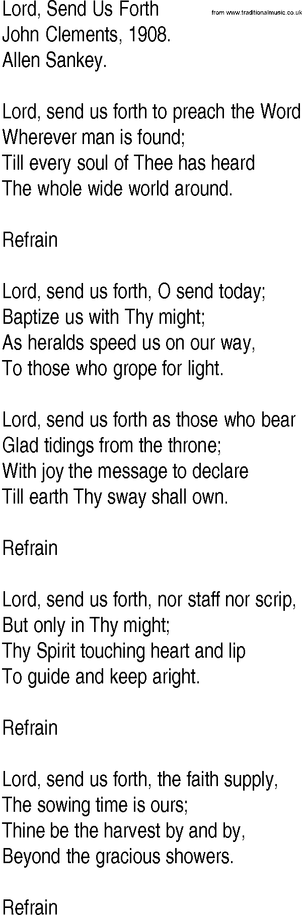 Hymn and Gospel Song: Lord, Send Us Forth by John Clements lyrics