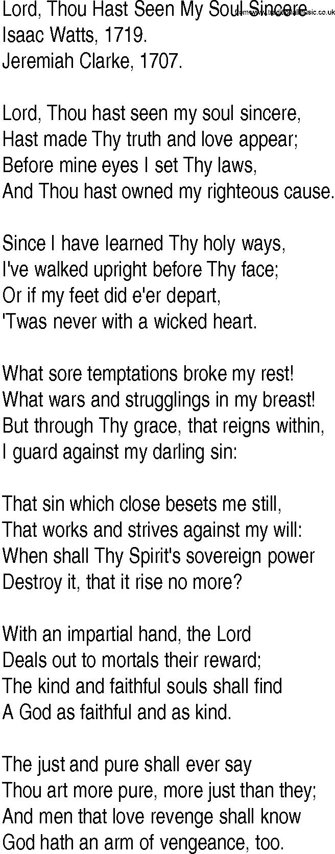 Hymn and Gospel Song: Lord, Thou Hast Seen My Soul Sincere by Isaac Watts lyrics