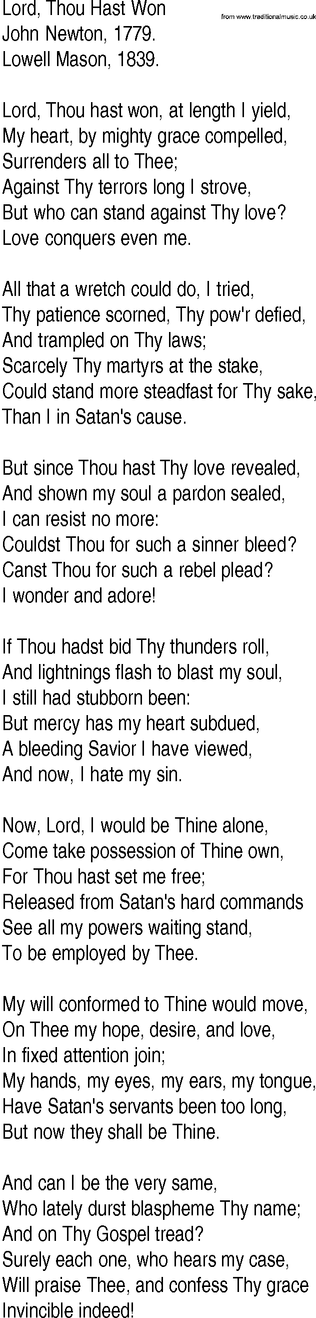 Hymn and Gospel Song: Lord, Thou Hast Won by John Newton lyrics