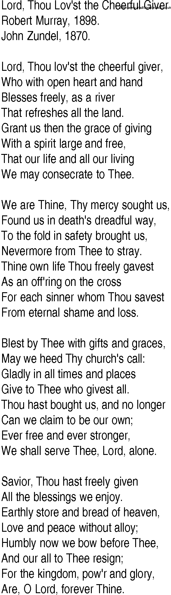 Hymn and Gospel Song: Lord, Thou Lov'st the Cheerful Giver by Robert Murray lyrics