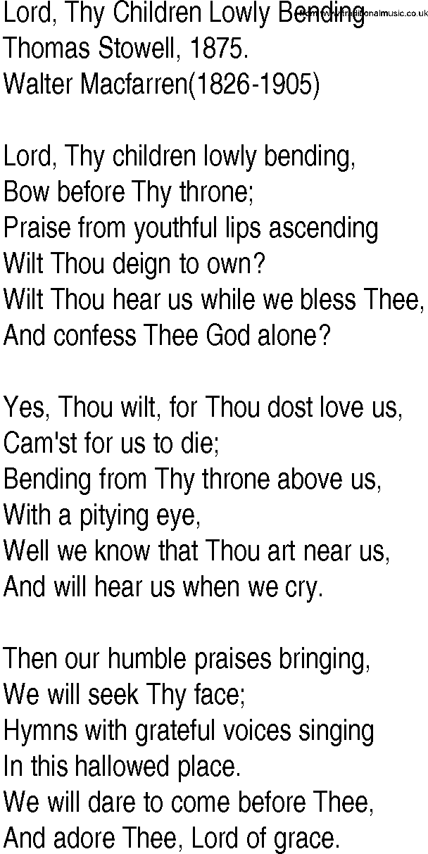 Hymn and Gospel Song: Lord, Thy Children Lowly Bending by Thomas Stowell lyrics