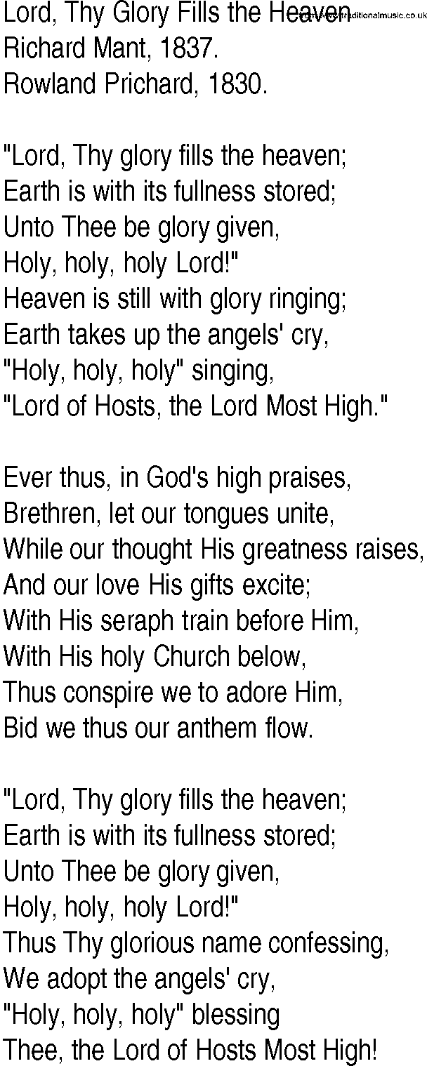 Hymn and Gospel Song: Lord, Thy Glory Fills the Heaven by Richard Mant lyrics