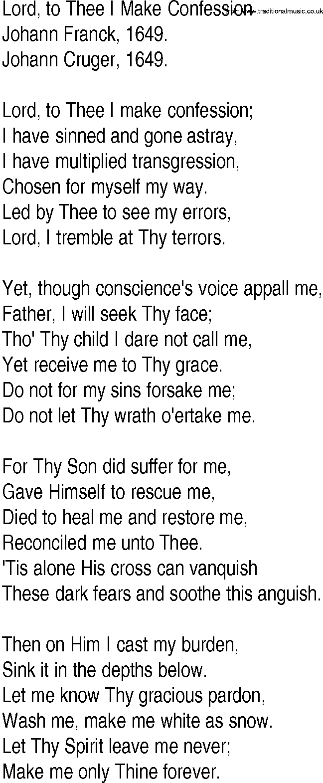 Hymn and Gospel Song: Lord, to Thee I Make Confession by Johann Franck lyrics