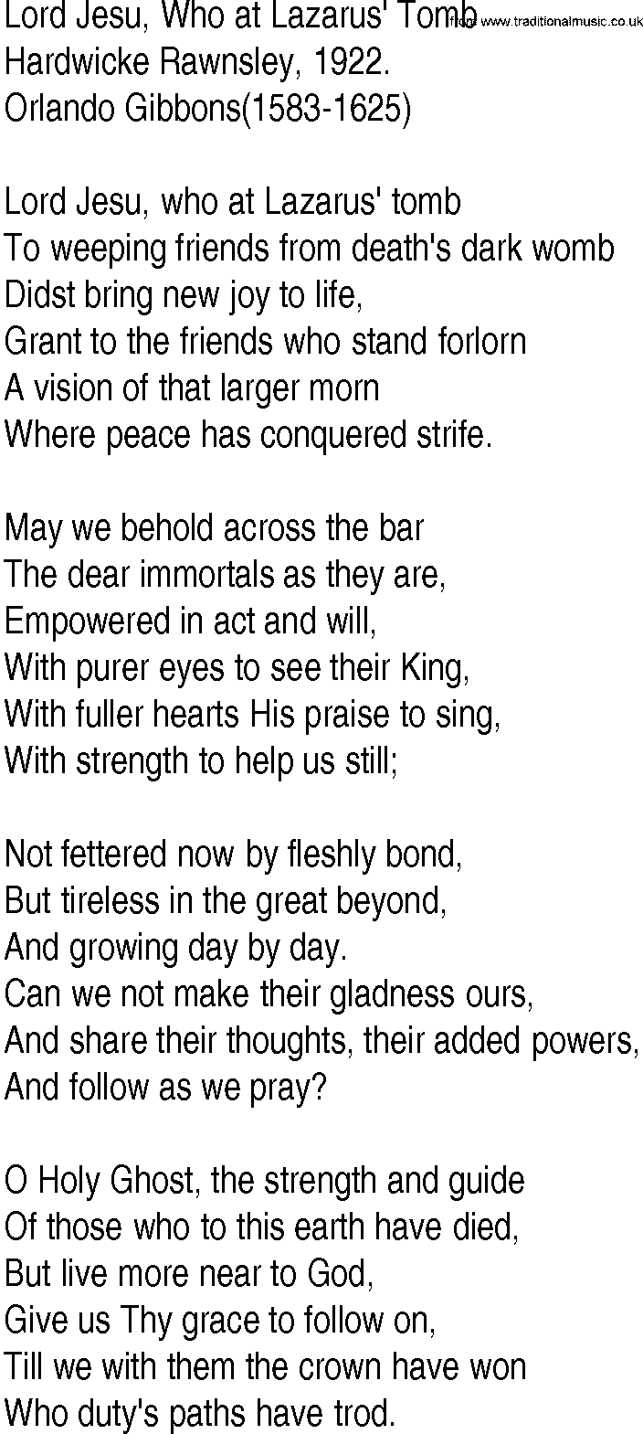 Hymn and Gospel Song: Lord Jesu, Who at Lazarus' Tomb by Hardwicke Rawnsley lyrics
