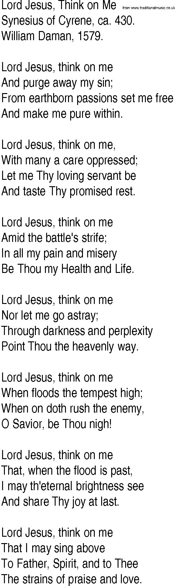 Hymn and Gospel Song: Lord Jesus, Think on Me by Synesius of Cyrene ca lyrics