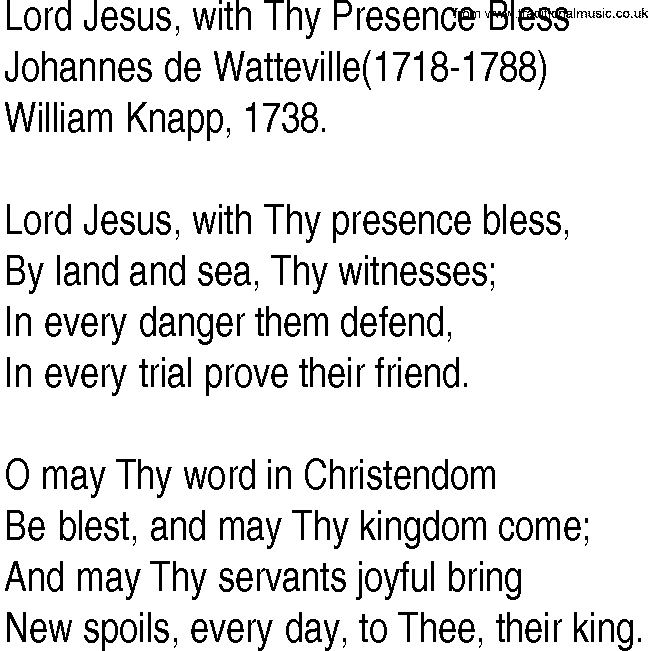 Hymn and Gospel Song: Lord Jesus, with Thy Presence Bless by Joa�hana�nes de Wattea�ville lyrics