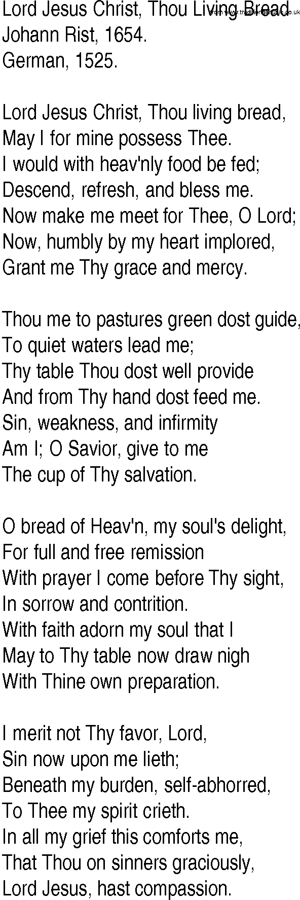 Hymn and Gospel Song: Lord Jesus Christ, Thou Living Bread by Johann Rist lyrics