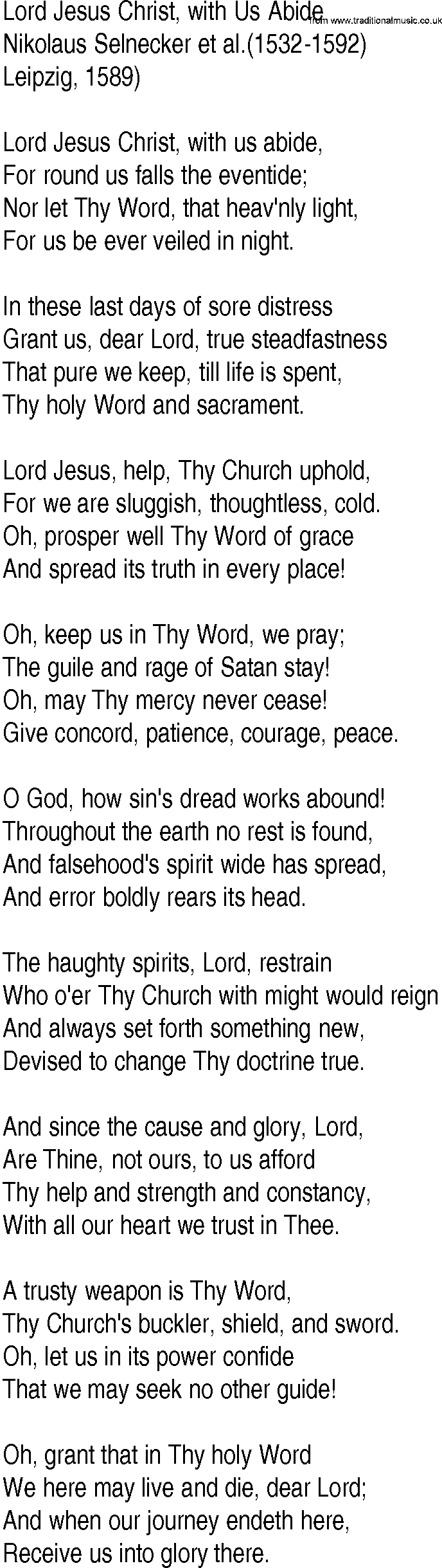 Hymn and Gospel Song: Lord Jesus Christ, with Us Abide by Nikolaus Selnecker et al lyrics