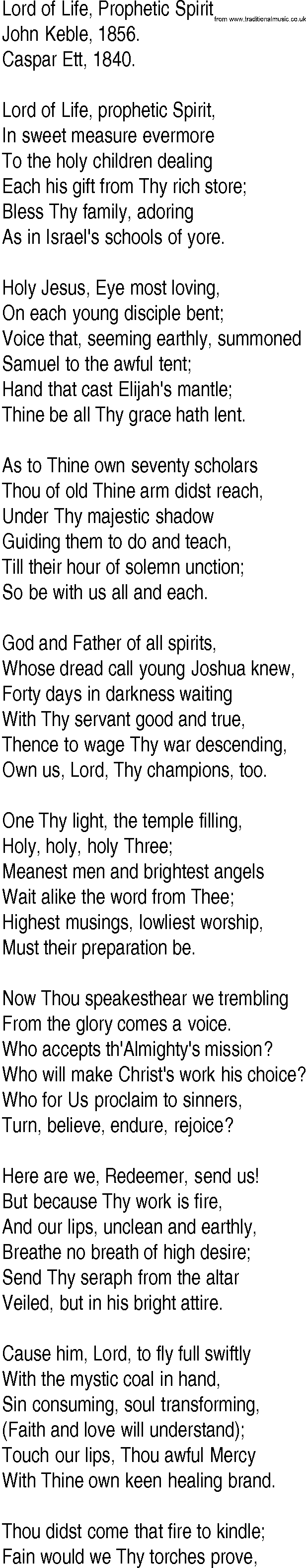 Hymn and Gospel Song: Lord of Life, Prophetic Spirit by John Keble lyrics