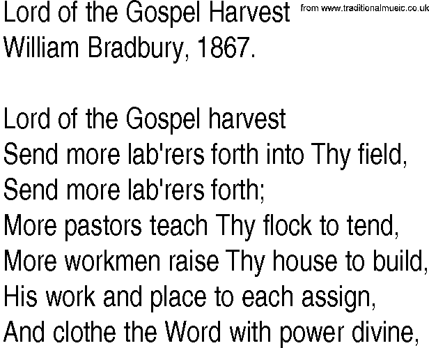 Hymn and Gospel Song: Lord of the Gospel Harvest by William Bradbury lyrics
