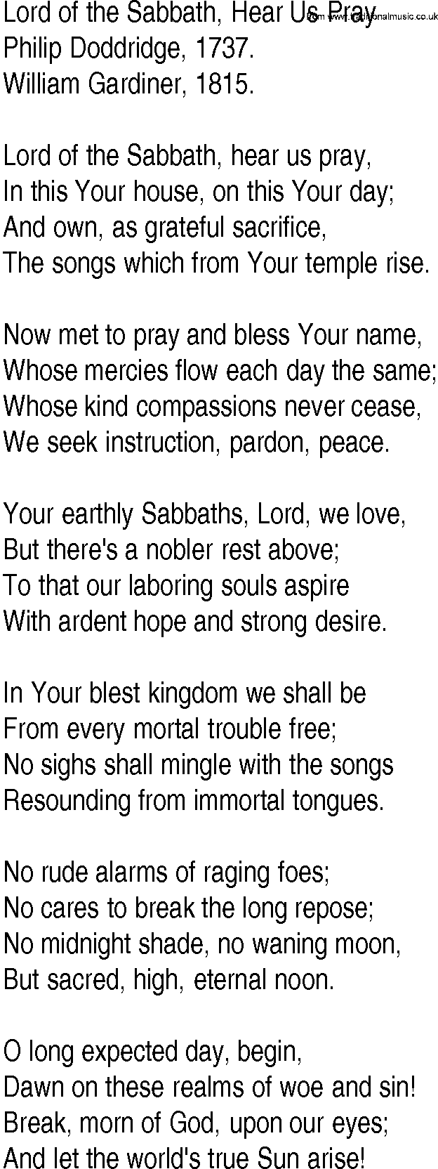 Hymn and Gospel Song: Lord of the Sabbath, Hear Us Pray by Philip Doddridge lyrics
