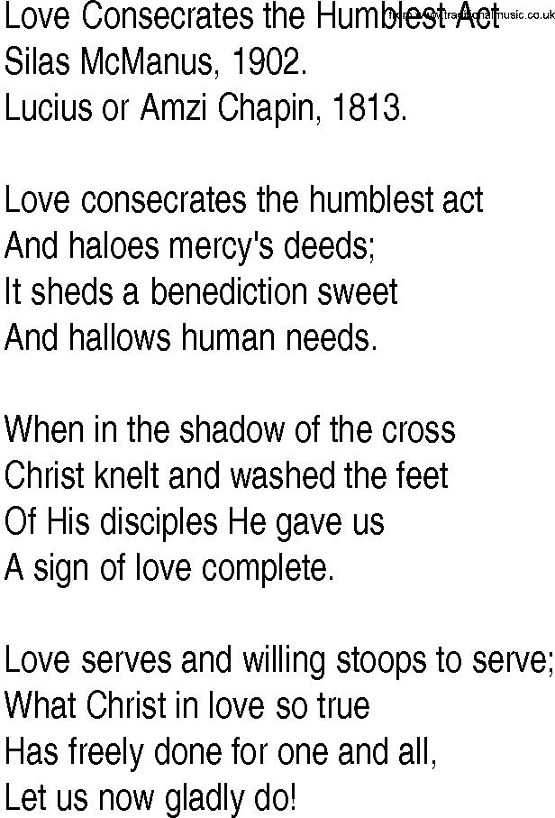 Hymn and Gospel Song: Love Consecrates the Humblest Act by Silas McManus lyrics