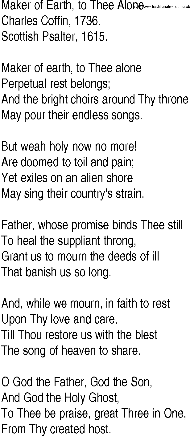 Hymn and Gospel Song: Maker of Earth, to Thee Alone by Charles Coffin lyrics