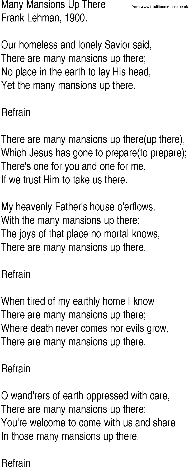 Hymn and Gospel Song: Many Mansions Up There by Frank Lehman lyrics