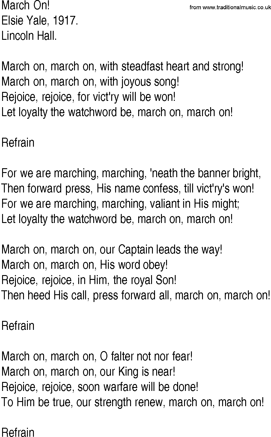 Hymn and Gospel Song: March On! by Elsie Yale lyrics