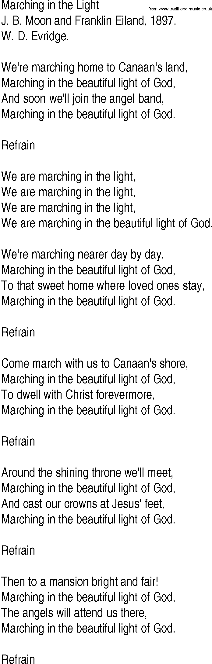 Hymn and Gospel Song: Marching in the Light by J B Moon and Franklin Eiland lyrics