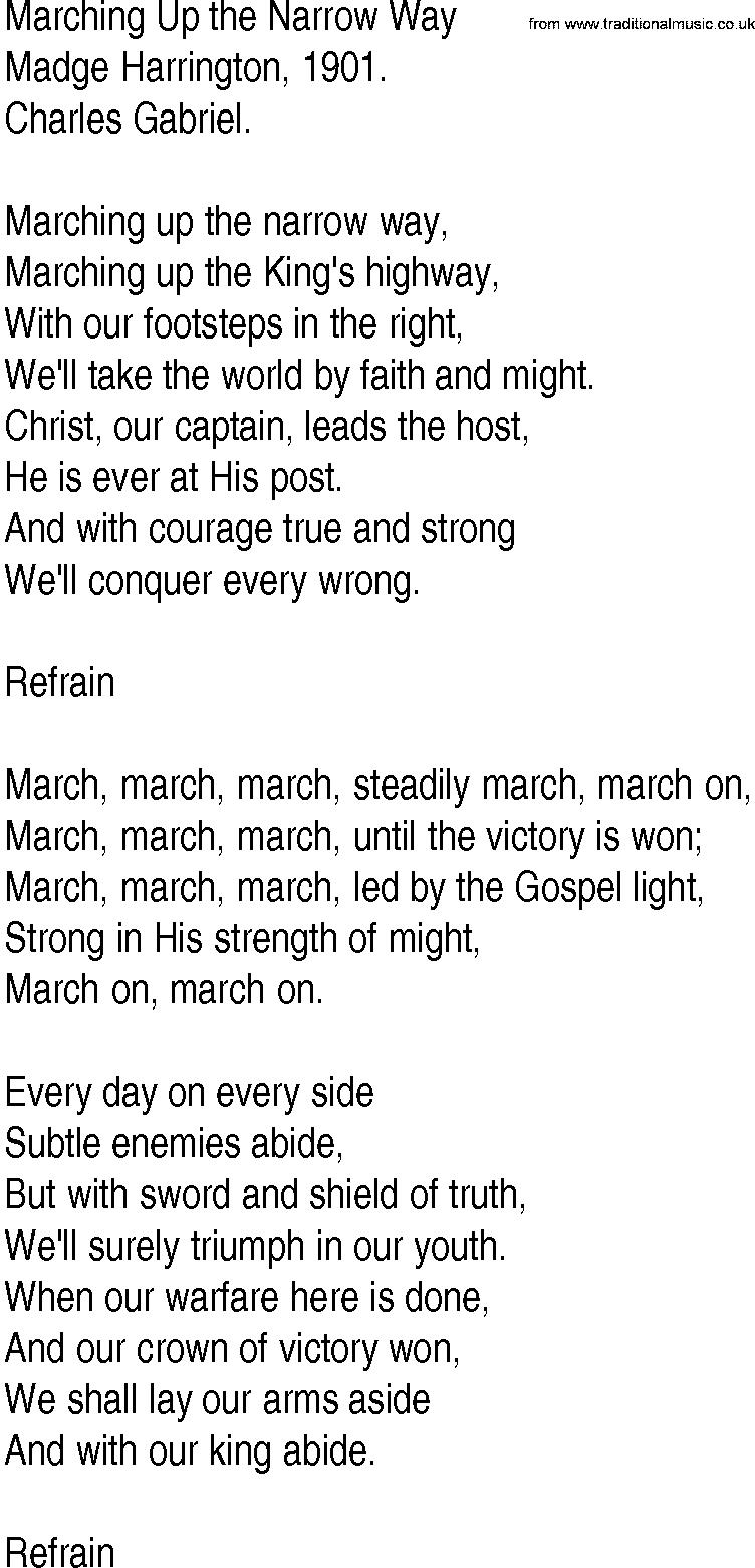 Hymn and Gospel Song: Marching Up the Narrow Way by Madge Harrington lyrics