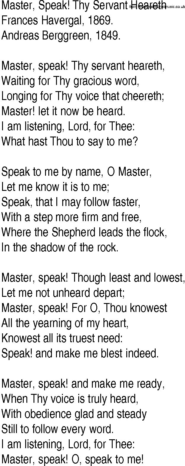 Hymn and Gospel Song: Master, Speak! Thy Servant Heareth by Frances Havergal lyrics